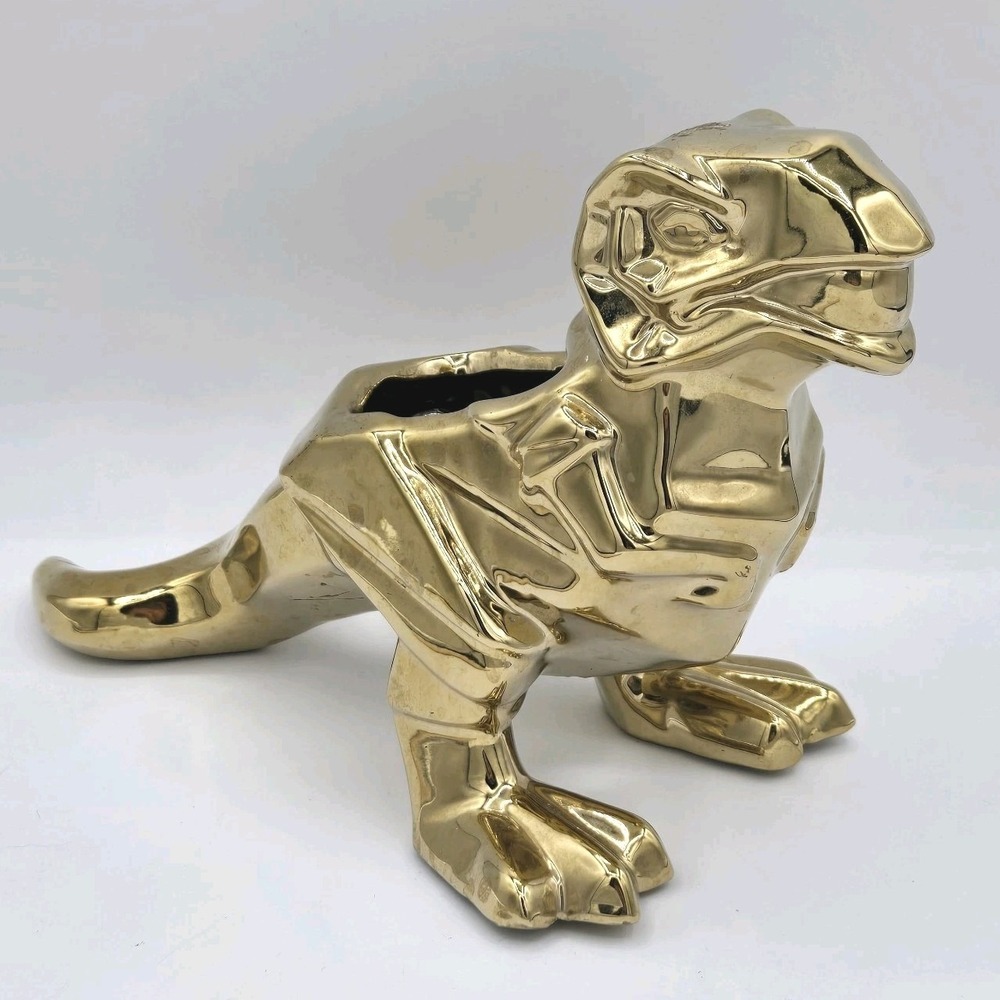 T-Rex Gold Metallica Dinosaur Planter Drain Hole Geometric 5.5 Inches‎ Plant Pot